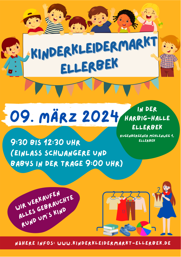 Flyer des Kinderkleidermarkts mit Grafiken von glücklichen Kindern und Datum.